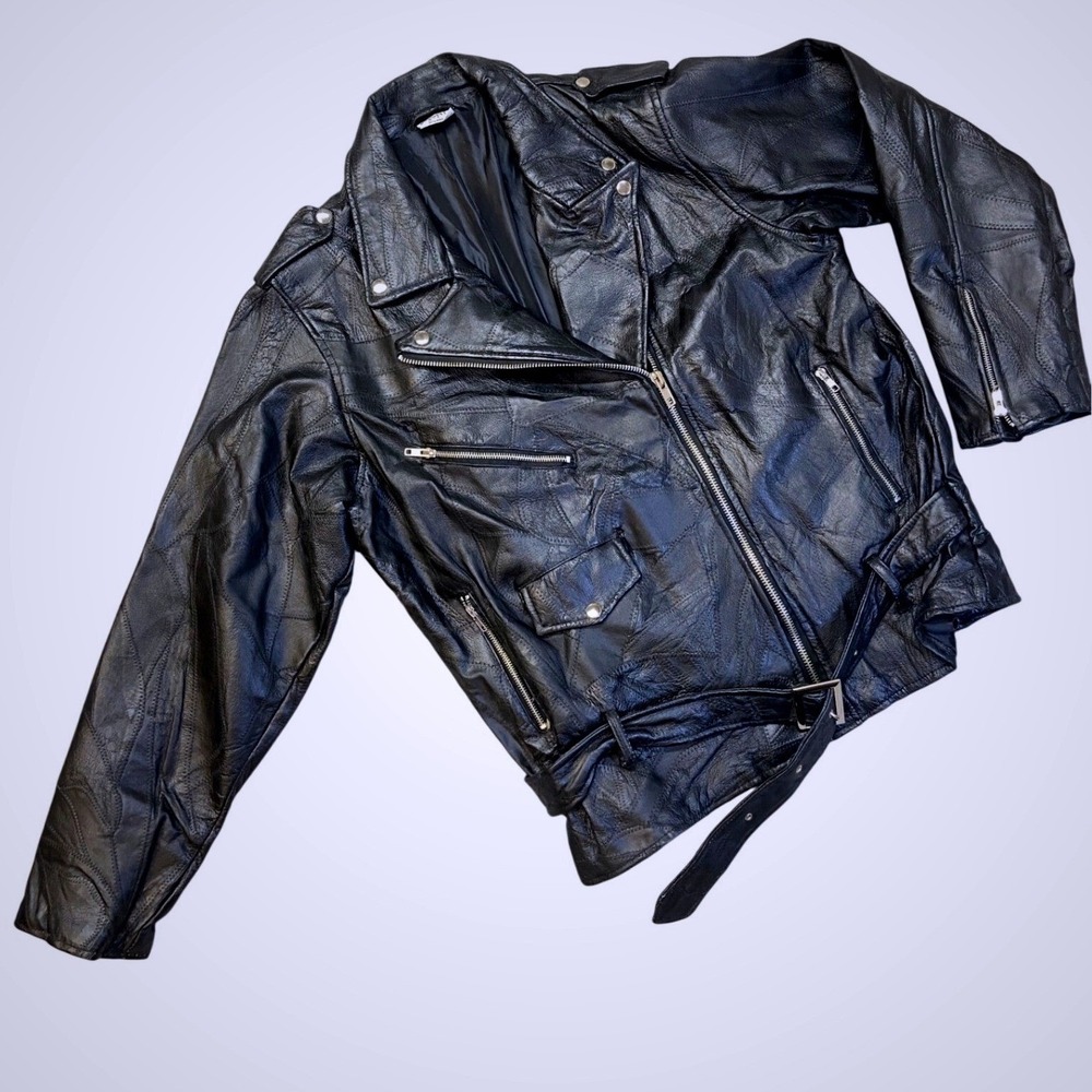Flight Path Mens Vintage Black Leather Motorcycle Biker Jacket Belted XL‎